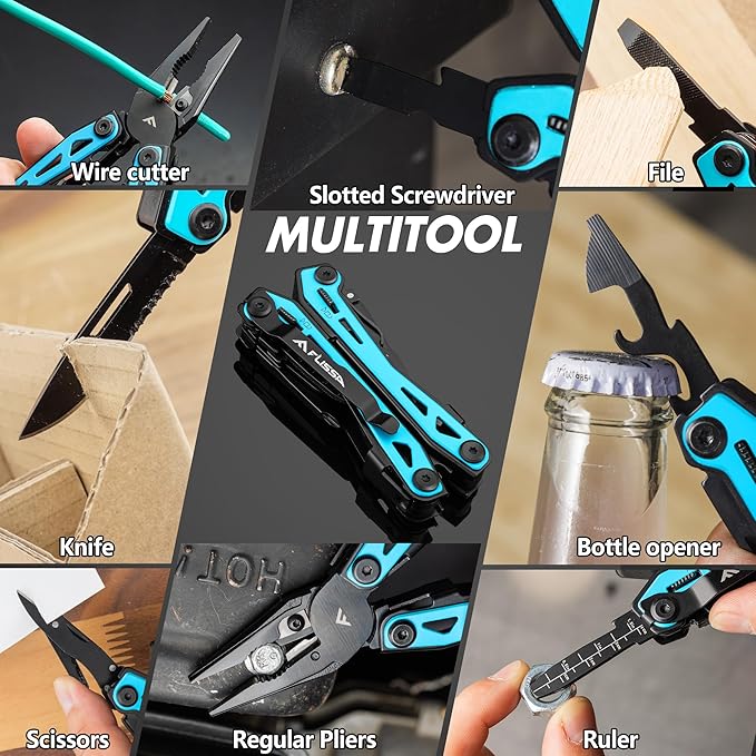 FLISSA 16-in-1 Multi Tool Pliers, Gifts for Men, Stainless Steel EDC Multitool with Pocket Knife, Belt Clip and Oxford Pouch, Self-locking Multipurpose Utility Multi-Tool for Camping Survival Outdoor