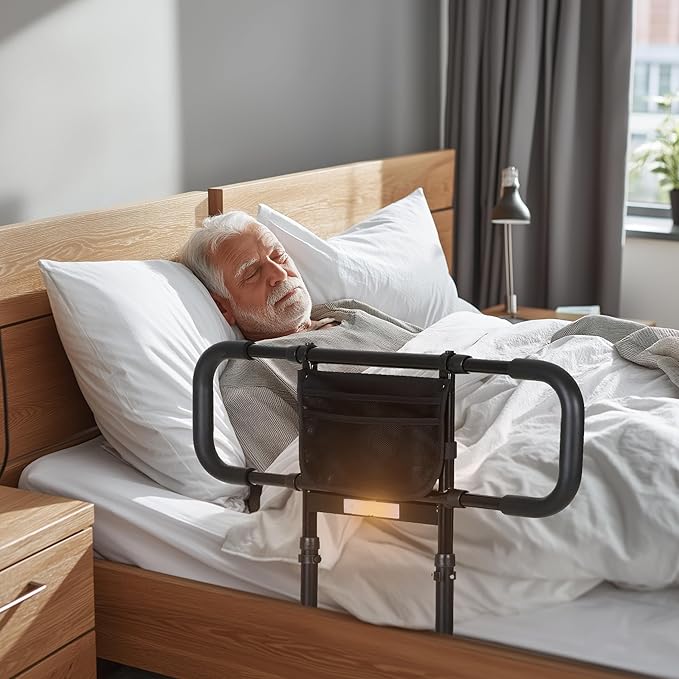 Bed Rails for Elderly Adults Safety: Elderly Assistance Products with Adjustable Double Grips, Storage Pocket, Motion Sensor Light, Items for Elderly Bed Rail, Can Withstand 300lb(Black)