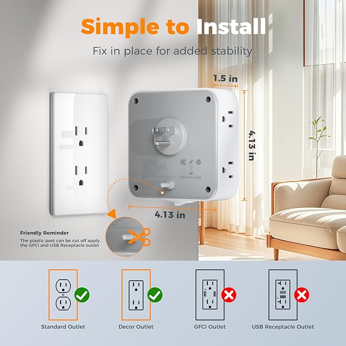 Multi Plug Outlet Extender, TESSAN Outlet Splitter with 8 Sockets and 3 USB (1 USB C), Wall Surge Protector with Power Switch, 3 Sided Multiple Wall Plug Extender for Home, Dorm Room, Office
