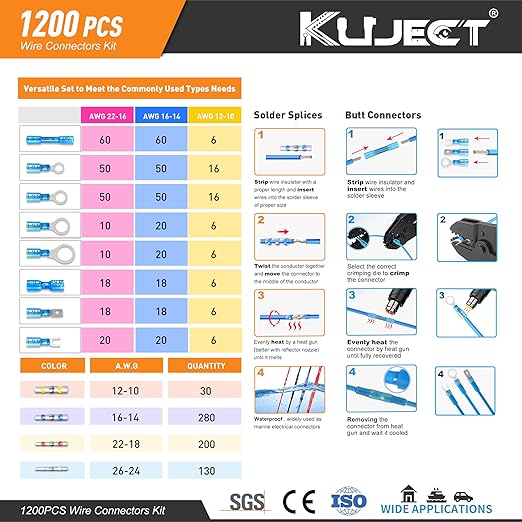 Kuject 1200PCS Heat Shrink Wire Connectors, Multipurpose Waterproof Electrical Wire Terminals kit, Insulated Crimp Ring Fork Spade Terminal Solder Butt Splice Connectors for Marine Boat Truck
