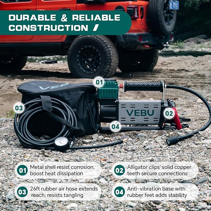 12V Air Compressor, 125PSI Tire Inflator with In-line Pressure Gauge, 5.65CFM Fast Inflation for Off-road Vehicles, Trucks, SUVs, RVs, ATVs, DC Power, Corded Electric