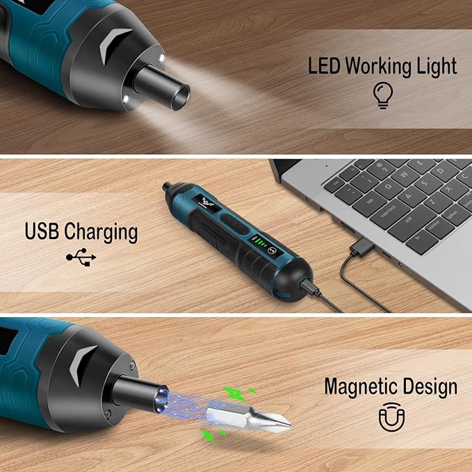 Electric Cordless Screwdriver, 3.6V Rechargeable Power Screwdriver, 5N.m Max Torque, 4-Gear Torque, LED Light, 20 Pcs, Ideal for Daily & Light Industrial Use