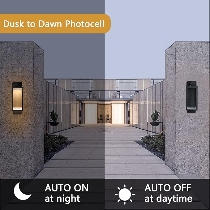 Lustrlach 2 Pack Dusk to Dawn Outdoor Porch Light Black LED Integrated Exterior Light Fixture with Photocell and Glass for House Patio Entryway Garden,IP54 Waterproof 3000K