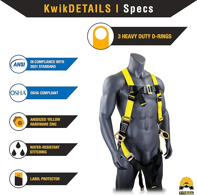 KwikSafety - Fall Protection Safety Harness - Construction & Roofing Fall Arrest Safety Harnesses - ANSI OSHA Compliant