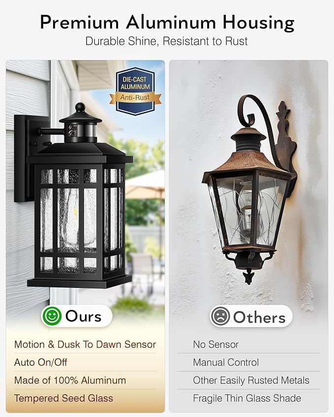 Motion Sensor Outdoor Wall Light, Adjustable Sensing Range Outside Lights for House, Black Dawn to Dusk Sconce Lights for Patio, Anti-Rust Waterproof Porch Lantern Wall Mount with Bubble Glass