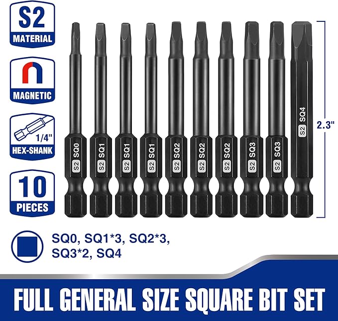WORKPRO 10pcs Square Bit Set, CNC Machined S2 Steel Magnetic Screwdriver Bits Set, 1/4 Inch Hex Shank Driver Bits, 2.3 Inch Long Screwdriver Bits Set with Storage Box