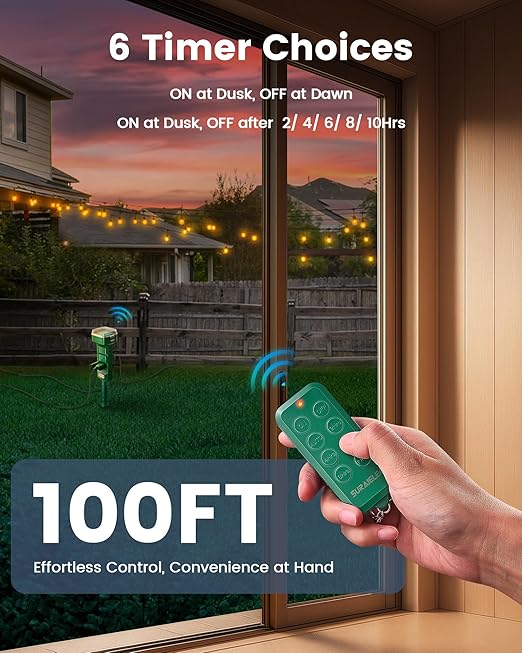 SURAIELEC Outdoor Power Stake Timer Waterproof, 100FT Wireless Remote Control, Dusk to Dawn Timer, 6 Grounded Plug Outlets, 6FT Extension Cord, for Christmas Lights, Garden, Patio Lights