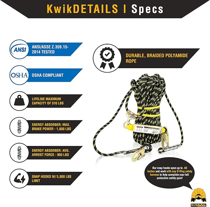 KwikSafety - Charlotte, NC - TSUNAMI [Premium BRAIDED ROPE] Vertical Lifeline ANSI OSHA Rope Grab Snap Hook Shock Absorber Fall Protection Line Kit Restraint System Roofing Safety Equipment / 100 FT.
