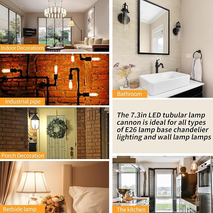 Long T10 LED Bulb, 7.3in Vintage Edison Dimmable Bulb 4W 2700K Warm White Tubular Bulbs, E26 Medium Base Amber 400LM 40W Equivalent for Cylinder Pendant Wall Sconces Chandelier Vanity 6Pack