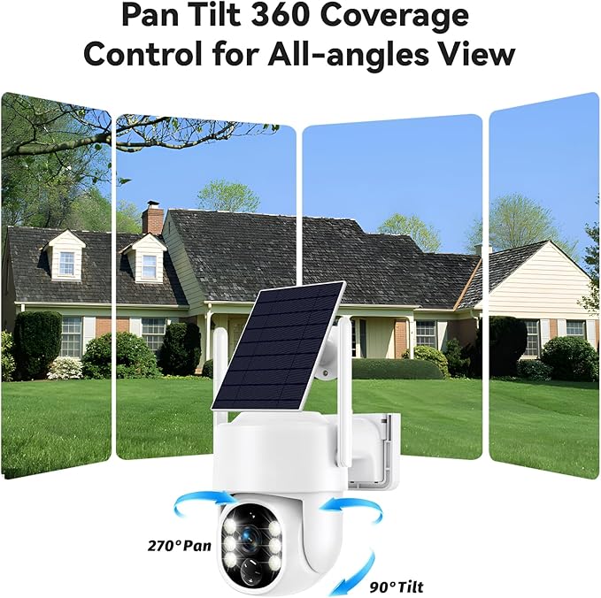 Solar Camera Outdoor Wireless, 5G Solar Security Cameras for Home Security, WiFi Security Cameras Wireless Outdoor, 360° View PTZ, AI PIR Human Detection Alerts, Color Night Vision, SD/Cloud Storage