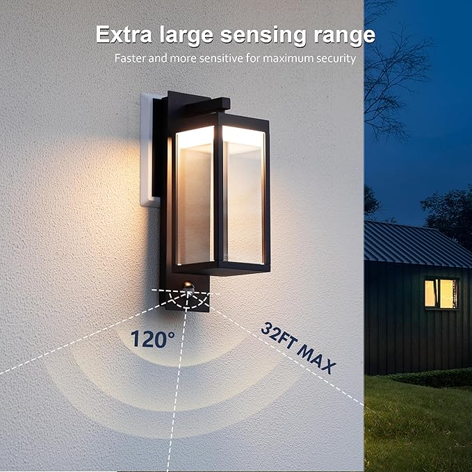 2 Pack Motion Sensor Outdoor Wall Light LED Wall Sconce Black Mount Waterproof Exterior Light Fixture Aluminum Porch Lamps for Patio Entryway Doorway Fence Garage, 750LM 3000K