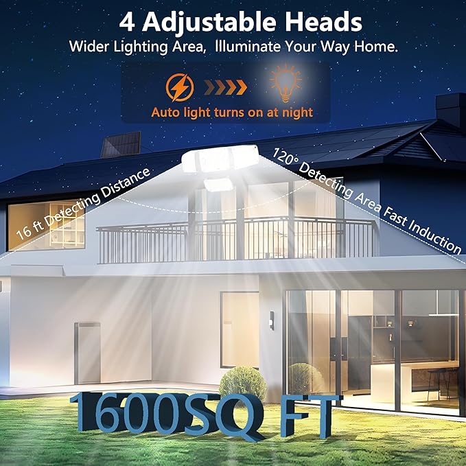 Solar Outdoor Lights, Motion Sensor Security Lights with Remote Control, 3000LM 4 Heads LED Flood Lights, IP65 Waterproof Wall Lights for Patios, Streets, Driveway and Outside Yard