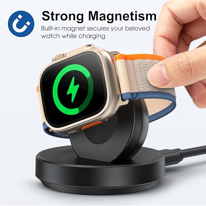 Portable Magnetic Charging Dock for Apple Watch, Wireless Fast Watch Charger Stand with Charging Cable, Support Nightstand Mode, Compatible with Apple Watch 10 9 8 7 SE 6 5 4 3 2/Ultra 2-Black