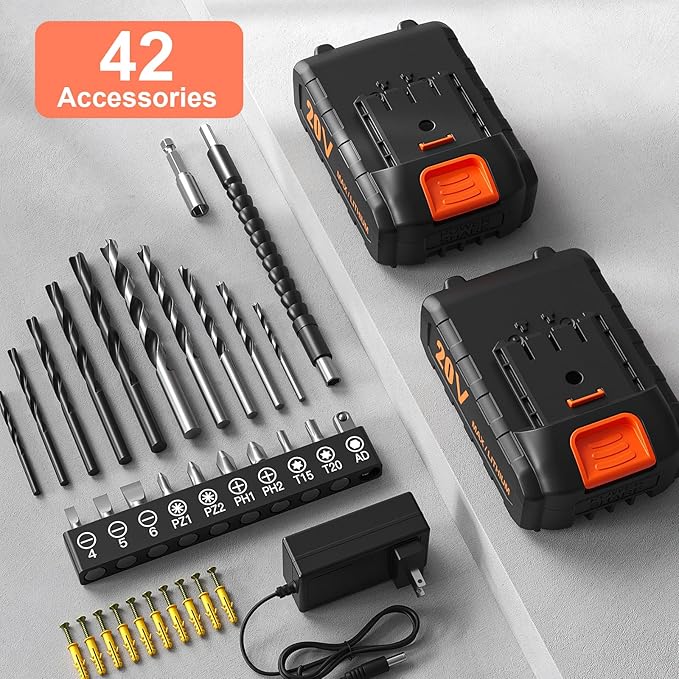 Cordless Drill, 20V Power Drill, Double 2000mAh Power Pack Electric Drills, Cordless Drills with Power Pack and Charger, 3/8" Keyless Chuck Screwdriver with 25+1 Max 370 In-lb Torque, 42Pcs Bits