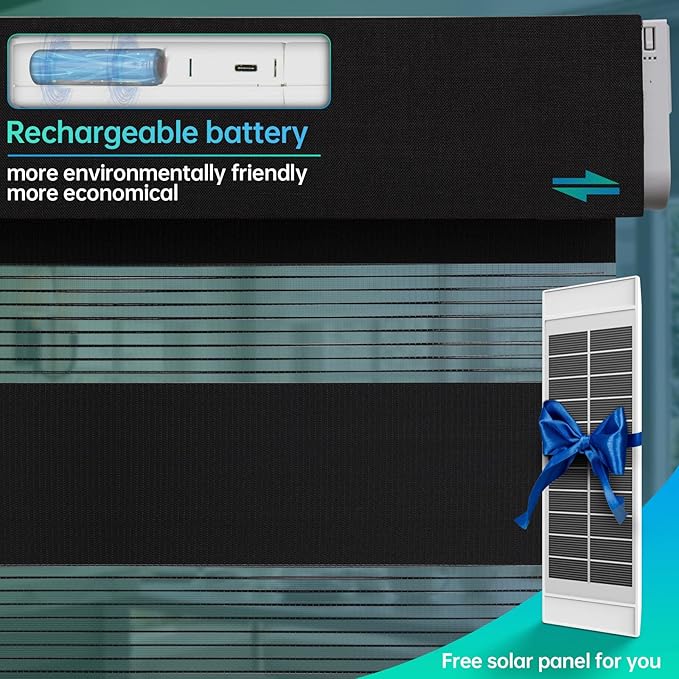 Motorized Zebra Blinds, Solar Powered Dual Layer Automatic Shades with Remote Control, Rechargeable Smart Blinds Horizontal Wireless Electric Shades for Windows, Custom Size, Black， 27 x 72