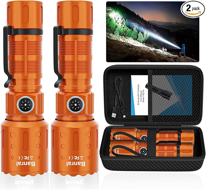 Flashlights High Lumens Rechargeable, Super Bright Long Range Small Powerful Flashlight, 6 Modes LED Tactical Pocket Waterproof Flash Light for Home Emergency (2, Orange)