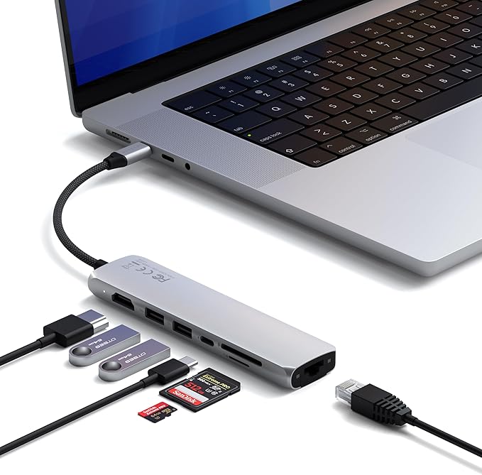 Satechi 7 in 1 USB C Hub Multiport Adapter with Ethernet, HDMI 4K@60Hz, 100W PD Charging, 2X USB-A Data Ports, Micro/SD Card Readers for MacBook Pro/Air M4–M1, iPad, iPhone, Windows - Silver