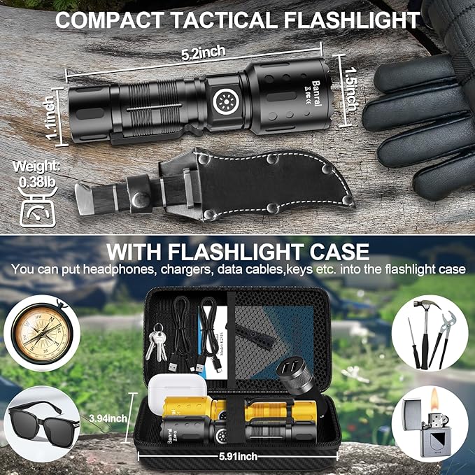Flashlights High Lumens Rechargeable, Super Bright Long Range Small Powerful Flashlight, 6 Modes LED Tactical Pocket Waterproof Flash Light for Camping (2, Black/Gold)