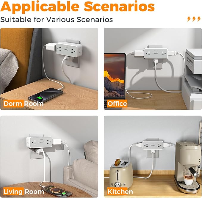 Surge Protector Outlet Extender, TESSAN 2100J Multi Plug Splitter with 4 Electrical Outlets, 3 Side Multiple Wall Plug Expander for Home Office Kitchen Dorm Room Essentials