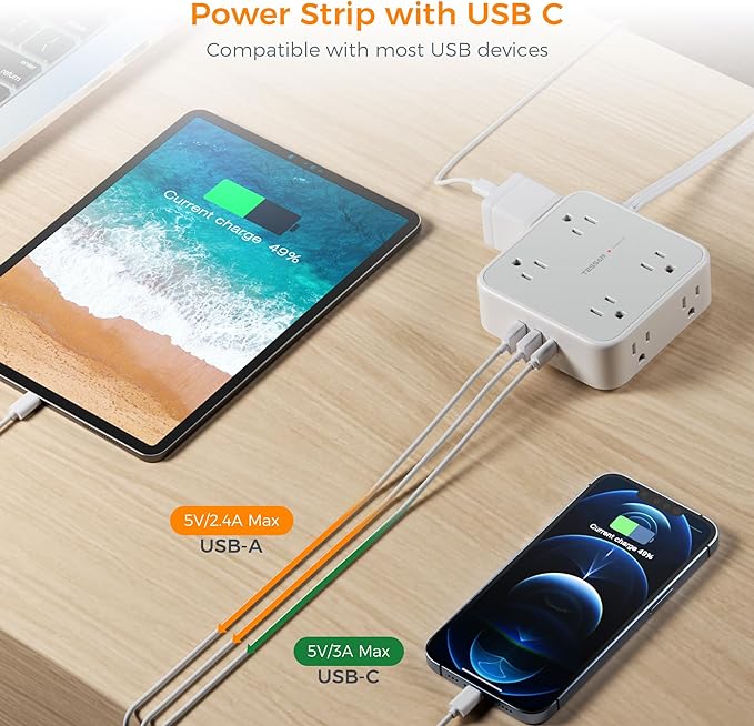 Flat Plug Long Extension Cord 25 Ft, TESSAN Power Strip Surge Protector with 8 Outlets 3 USB Ports (1 USB C), 900J Protection Desktop Charging Station for Home, Office, Dorm Room Essentials
