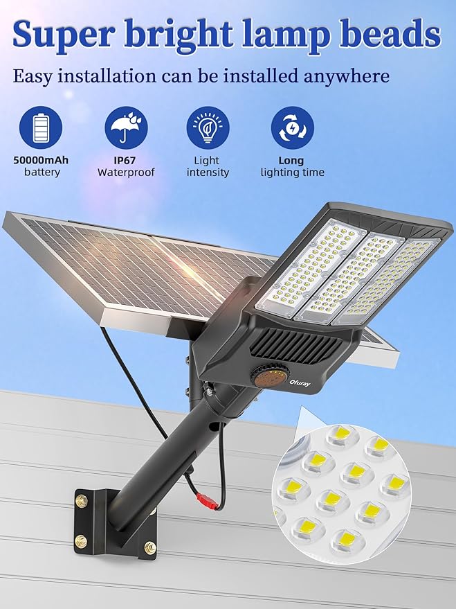 Ofuray OL-10000W Solar Street Lights Outdoor,50,000mAh Solar Parking Lot Security Lights Commercial up to 720,000Lm Distance,IP67 Street Dusk to Dawn with Remote Control for Street,Barn