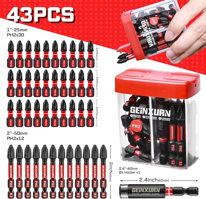 Impact #2 Phillips Screwdriver Bits Set,43 Pcs Magnetic PH2(1" and 2") S2 Steel Driver Bits with Storage Colorful Box