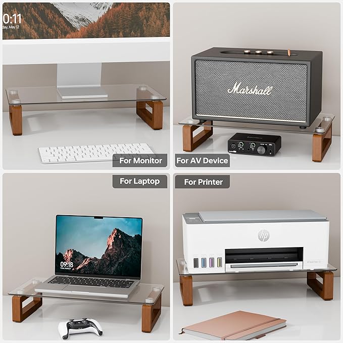 YEOUX Multi-Purpose Desktop Stand, Clear Floating Computer Monitor Riser with Natural Wood Base, Desk Organization Shelf for Printer, Laptop, Audio Device, Flat Screen