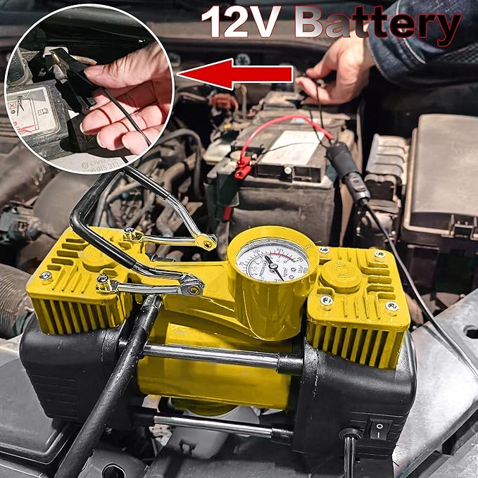 YUNGTEE Yellow Tire Inflator Heavy Duty Double Cylinders Direct Drive Inflation Pump,12V Portable Air Compressor Pump with Emergency LED Light - 150PSI Tire Pump,Apply to Car,Suv,RV