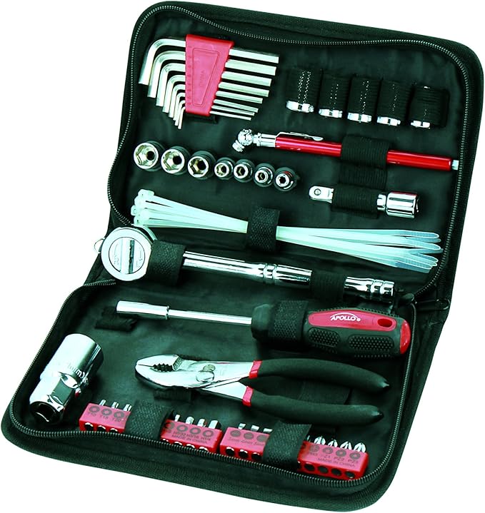 Apollo Tools 56 Piece Compact Metric Auto Tool Set in Zippered Case, Small Mechanic Tool Set for Car Emergency, Motorcycle Repair on the Road, Great for Travel Tool Needs - Red - DT9775