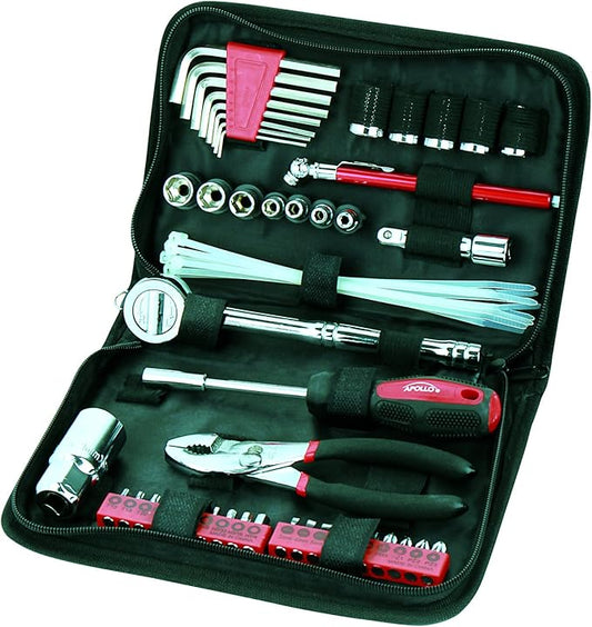 Apollo Tools 56 Piece Compact Metric Auto Tool Set in Zippered Case, Small Mechanic Tool Set for Car Emergency, Motorcycle Repair on the Road, Great for Travel Tool Needs - Red - DT9775