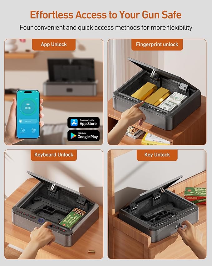 BILLCONCH Gun Safe for Handgun - Biometric Gun Safe 4 Ways Quick Access with Fingerprint/Full-digital Keypad/Key/APP Lock Handgun Pistol Safe for Nightstand Bedside Home
