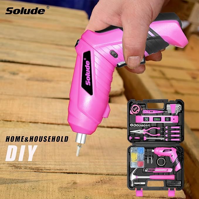 SOLUDE Pink Tool Set,130 Piece Home Tool Kit for Women with 3.6V Cordless Rechargeable Screwdriver,Basic Toolkits for New House,Apartment,College Dorm & DIY Projects