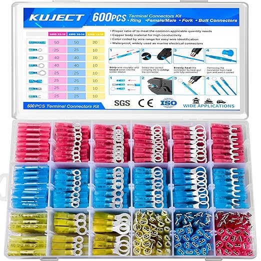 Kuject 600 PCS Heat Shrink Wire Connectors kit, Multipurpose Waterproof Electrical Wire Terminals, Insulated Crimp Connectors Ring Fork Spade Butt Splices for Automotive Marine Boat Truck