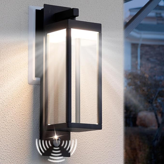 Motion Sensor Outdoor Wall Light LED Wall Sconce Black Mount Waterproof Exterior Light Fixture Aluminum Porch Lamps for Patio Entryway Doorway Fence Garage, 750LM 3000K