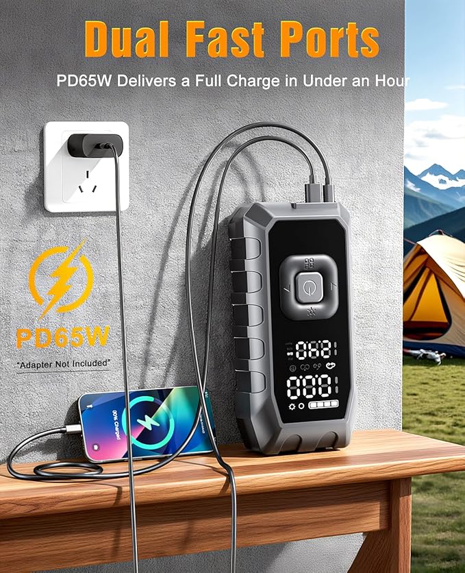 Portable Jump Pack with Air Compressor,65W Fast Charge 180PSI Cordless Electric Tire Inflator with Digital Pressure Gauge,Jump Starter Auto-Off for Car Bicycle Inflatable,Battery Booster with Light