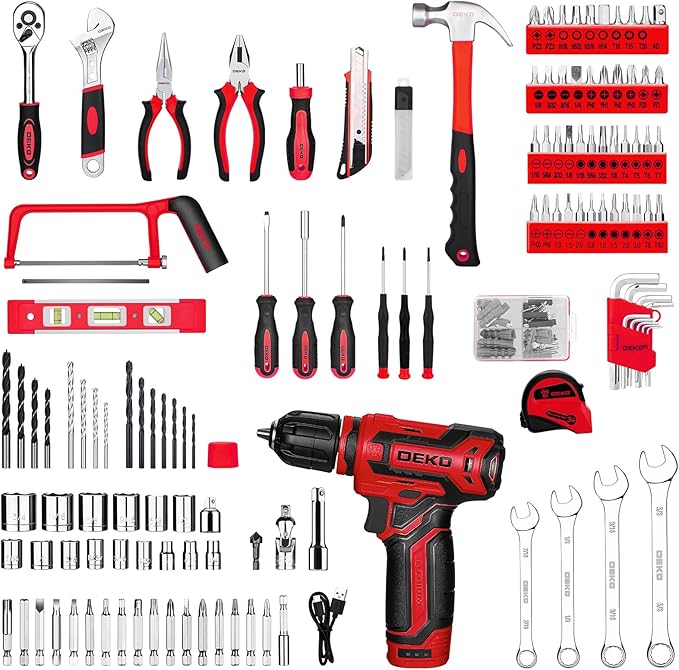 Drill Tool Set：Tool Kit with 12V Power Cordless Drill Hand Repair Tools Box with Drill, Home Tool Kits for Men & Women, Hand Drill Set Perfect for Homeowner, Diyer, Handyman - Red