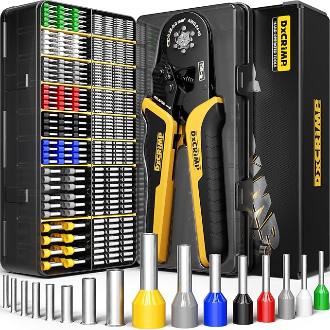 Ferrule Crimping Tool Kit, Hexagon Ferrule Crimper,Ratchet Pliers for (AWG 24-10) with 16 Types Insulated and Non-Insulated Ferrules, Wire Ferrules Kit, Crimping Pliers set,Hex Crimper