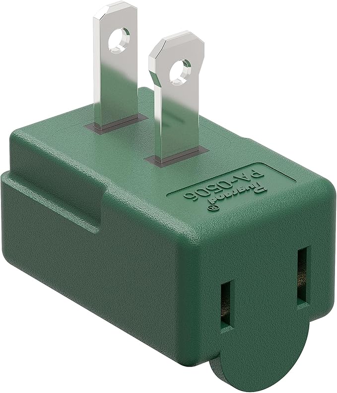 2 Prong 90 Degree AC Adapter, Plugrand NEMA 1-15P to 1-15R Left Angled Adapter, Polarized 2 Prong L Type Adapter, Vertical NEMA 2 Pin Power Adapter, PA-0506G Green Color