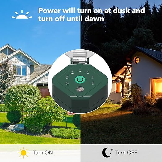 HBN Outdoor Power Strip Timer with Photocell, Countdown Yard Stake(2, 4, 6, 8 Hour),Outside Lights Timer Dusk to Dawn,Weatherproof Extension Cord for Halloween/Christmas Decoration Lights, 6 Outlets
