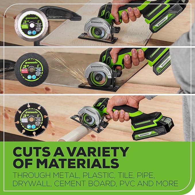 Greenworks 24V Mini Circular Cut-Off Saw Kit – Cordless Brushless 3'' Cutting Tool with 2.0Ah Battery & Charger, Compact for Metal, Tile, Plastic, Grinder-Style Design