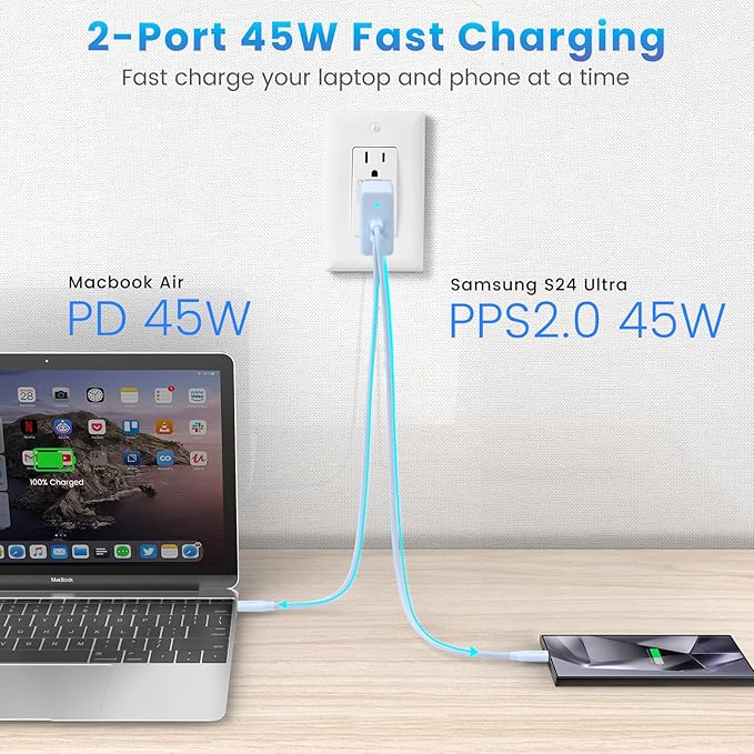2Port 45W Super Fast Charger Type C, 2Pack 45W USB-C Charger Fast Charging for Samsung Galaxy S24 Ultra/S24+/S24/S23 Ultra/S23+/S22/S20/Note10+ with 2X 10ft Type C Cord (Blue)
