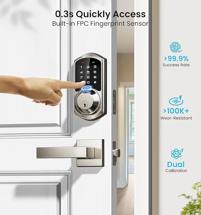 Veise VE07-L Fingerprint Smart Locks for Front Door with 2 Lever Handle Set, App Control, Keyless Entry, Electronic Digital Keypad Deadbolt, Auto Lock, Waterproof, Easy to Install, Satin Nickel