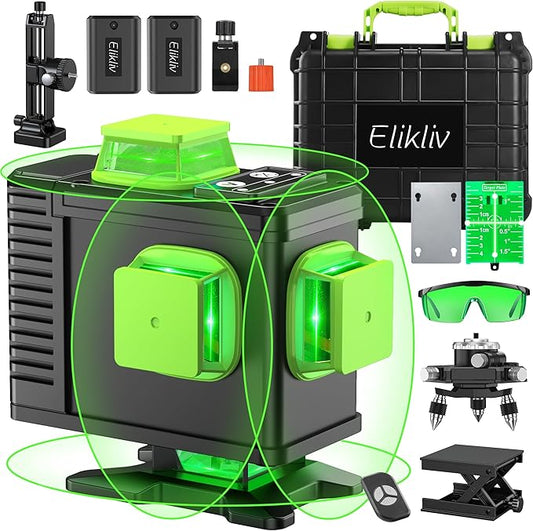 Laser Level Self Leveling - Elikliv Outdoor Robust Indoors 4D Green Cross Line Laser Level 4x360 Horizontal Vertical Dual-beam Lasers 200ft for DIY (4D Laser Level All-Inclusive KIT)
