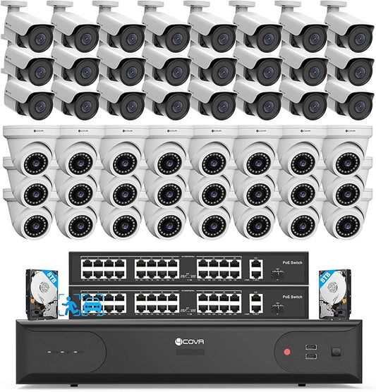 4COVR 64 Channel Security Camera System, Human/Vehicle Detection, UtraHD 8MP NVR 16TB HDD, 24 Dome 24 Bullet 5MP Commercial PoE IP Camera IP67 Night Vision, 24/7 Business Surveillance, LYH37E5M6448