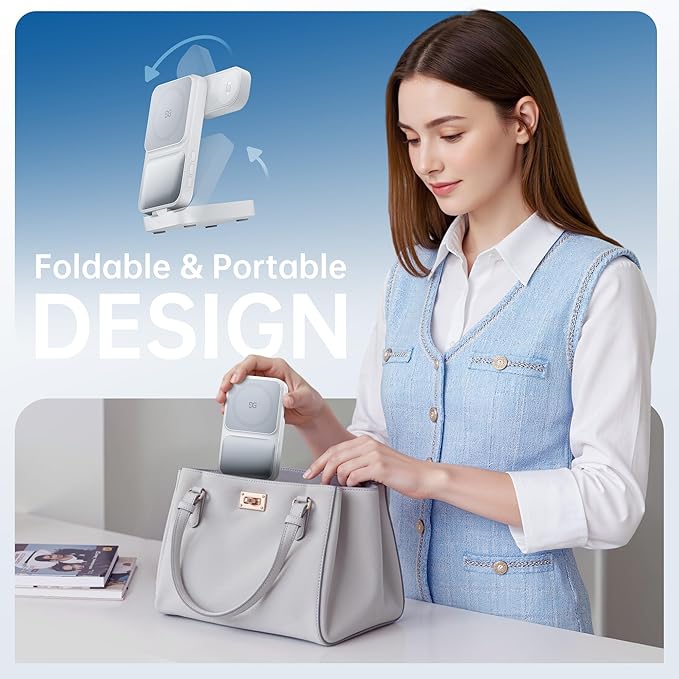 GUSGU 3 in 1 Wireless Charging Station with Real-Time Power and Time Display, Foldable Charging Stand, Compatible with iPhone 17/Air/16/15/14/13/, Apple Watch Series 11/SE3/ Ultra 3, AirPods Pro 3