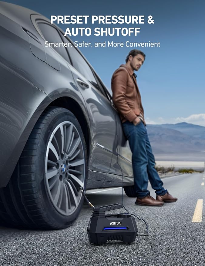 AstroAI Tire Inflator Portable Air Compressor Air Pump for Car Tires-Car Accessories, 9.8Ft Cord-12V DC-Powered Auto Pump with Digital Pressure Gauge, Emergency LED Light for Bicycle, Balloons, Blue