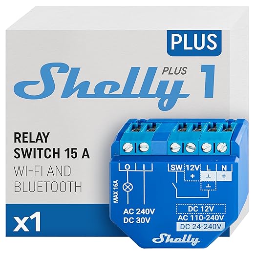 Shelly Plus 1 UL | WiFi Smart Relay Switch with Dry Contacts | Home Automation | Bluetooth Gateway | Alexa, SmartThings & Google Home Compatible | No Hub | DIY Remote Control | Garage Door Opener