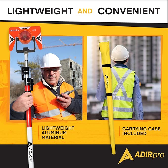 AdirPro Aluminum Prism Pole - Telescopic 12’ (3.7m) – Fixed Adapter Tip – Quick Release Clamp - Metric Graduation - Strong & Lightweight GPS Pole - for Use with Prisms - Rover Rod - GNSS Instruments