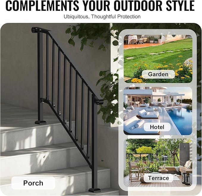 VEVOR Handrails for Outdoor Steps, 3-4 Step Stair Hand Rail Kit, Transitional Iron Railings with Installation Kit, Stair Rails for Seniors, Concrete Steps & Porch & Deck, Black Retro Arch