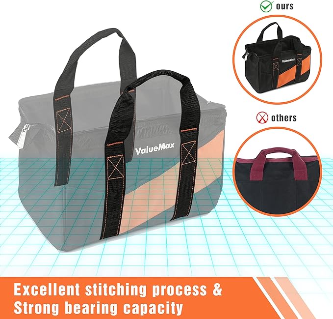 ValueMax 13-Inch Small Tool Bag, Wide Mouth Tool Bag with 12 Storage Pockets, Heavy Duty Orange Tool Tote Organizer